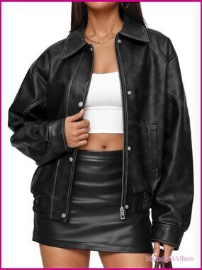 Oversized Faux Leather Motorcycle Bomber Jacket Fall Winter Coat